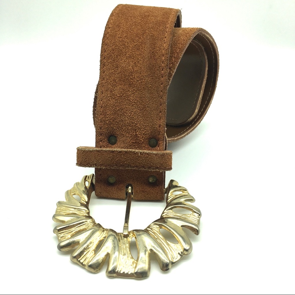 Beautiful VIntage Saddle Brown Suede Leather Fashion Belt Gold tone Buckle  USA